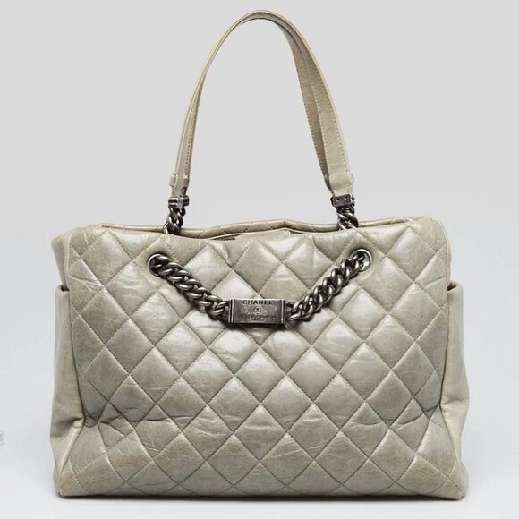 Chanel Grey Quilted Glazed Calfskin Leather Chain ID Chain Tote Bag - Picture 1 of 11